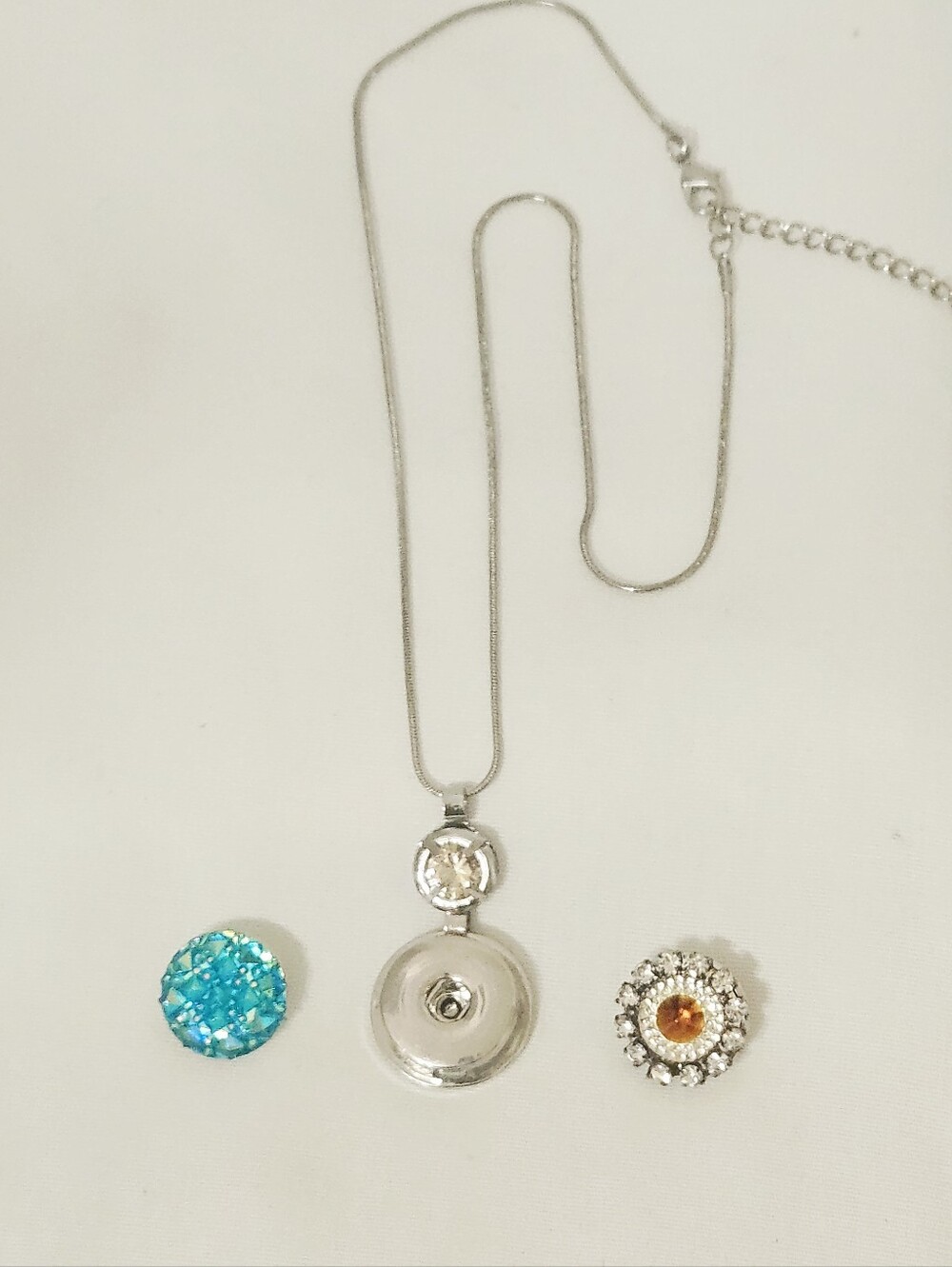Crystal Rhinestone Snap Necklace Yellow Topaz and Aqua Blue Silver 925 Chain